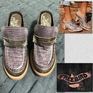 Freebird Purple and Silver Croc-Embossed Mules